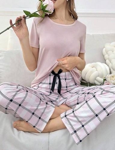 Women pink plaid pyjama - pink,